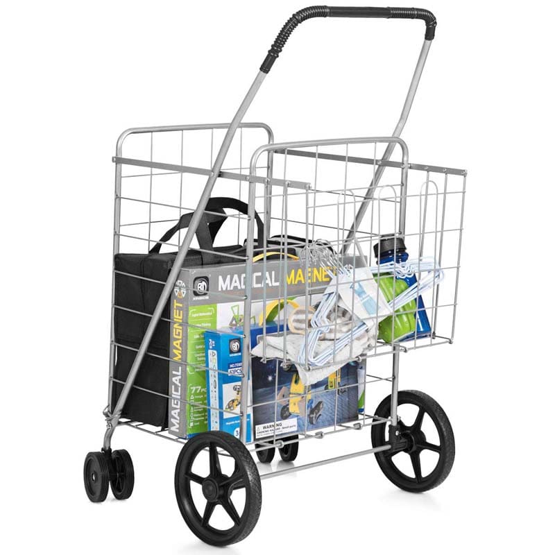 Jumbo Folding Shopping Cart Large Rolling Grocery Utility Cart with Double Basket & 360° Swivel Wheels