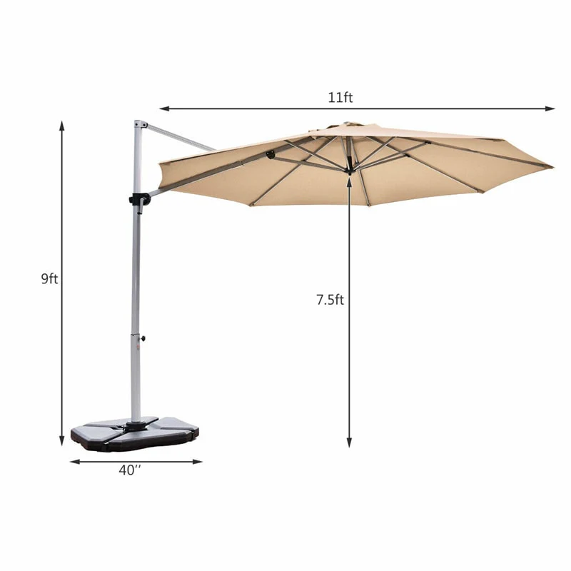 11 FT Patio Offset Cantilever Umbrella 360° Rotation Tilt with Cross Base & Crank Handle