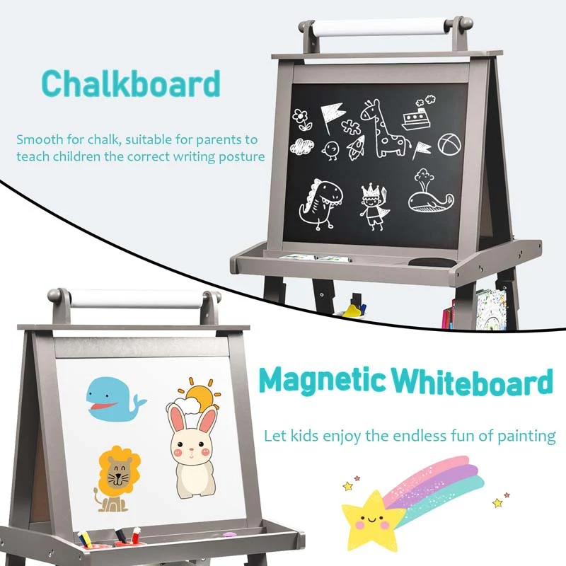 3-in-1 Double-Sided Kids Art Easel, Wooden Storage Toddler Easel with Magnetic White Board & Chalkboard, Paper Roll, Painting Dry Erase