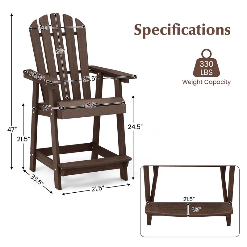 Outdoor HDPE Tall Adirondack Chair with Armrest & Footrest, Weather Resistant 47