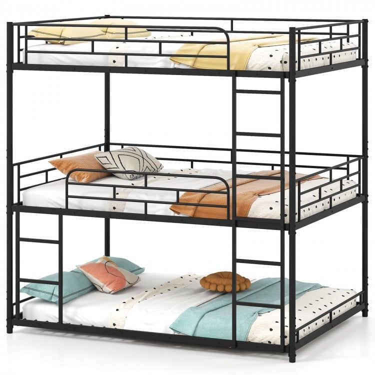 Metal Triple Bunk Bed with Safety Guardrails and 2 Ladders