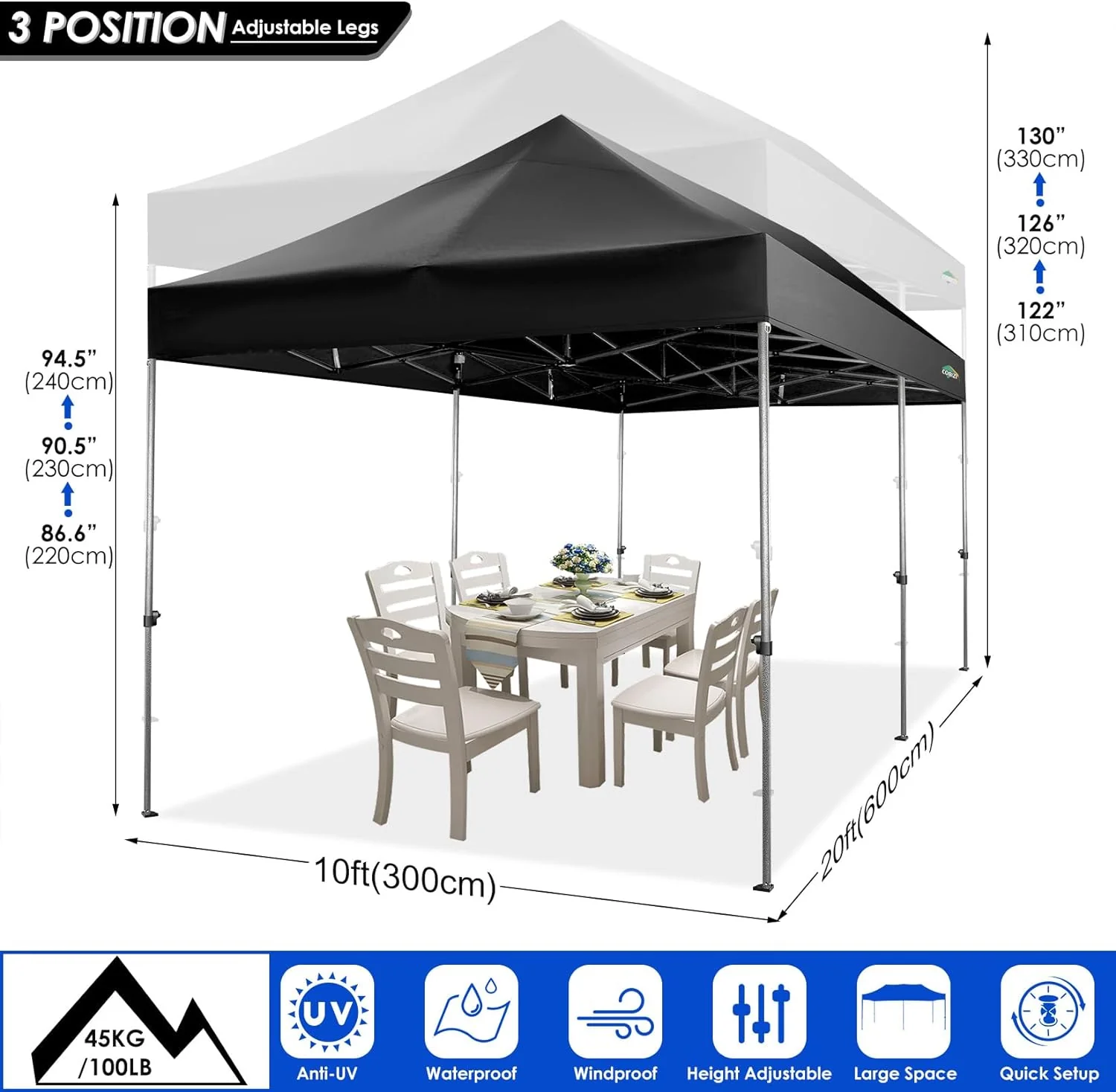 COBIZI 10x20 Heavy Duty Pop up Canopy Tent with 6 sidewalls Easy Up Commercial Outdoor Canopy Wedding Party Tents for Parties All Season Wind & Waterproof Gazebo with Roller Bag,Black(Frame Thickened)