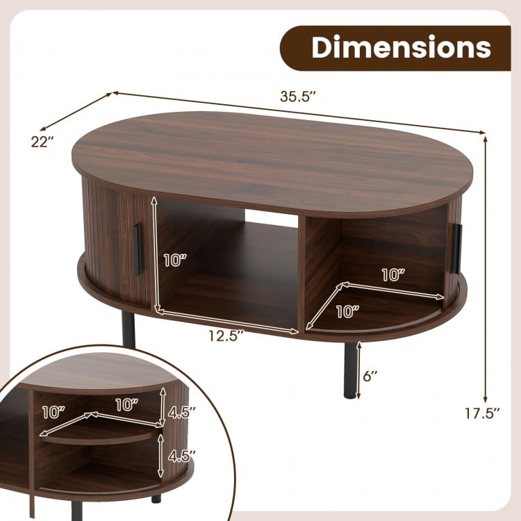 Oval Coffee Table with Open Compartment and Sector Shelves
