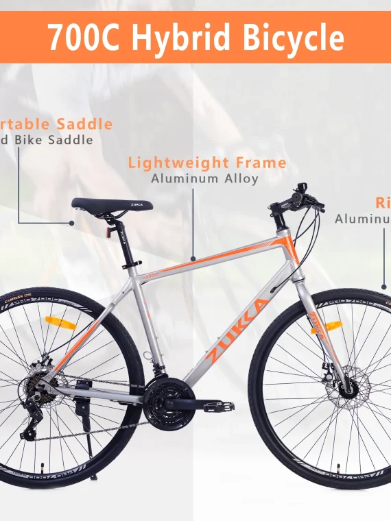 28 inch Hybrid Bike Men, Road Bike with Shimano 21 Speed, 700C Wheels, Comfort Adult Bicycle with Dual Disc Brake, 21” Lightweight Aluminium Frame, Suggested Rider 5’6′′ to 6’2′′ Tall- Silver+Orange