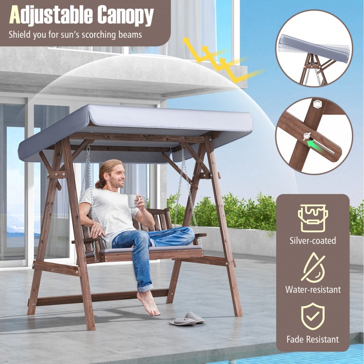2-Person Porch Swing with Fir Wood Stand and Tilt Canopy