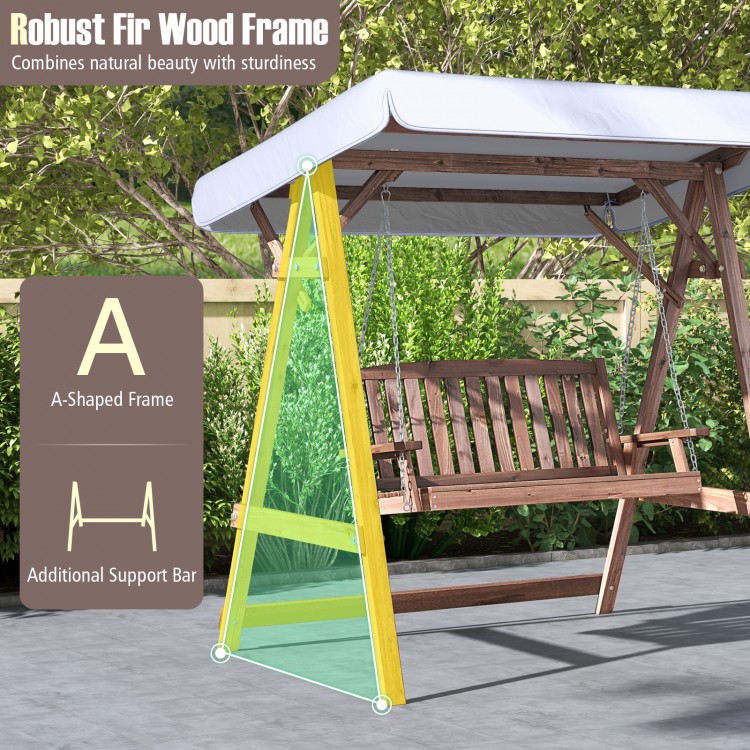 2-Person Porch Swing with Fir Wood Stand and Tilt Canopy