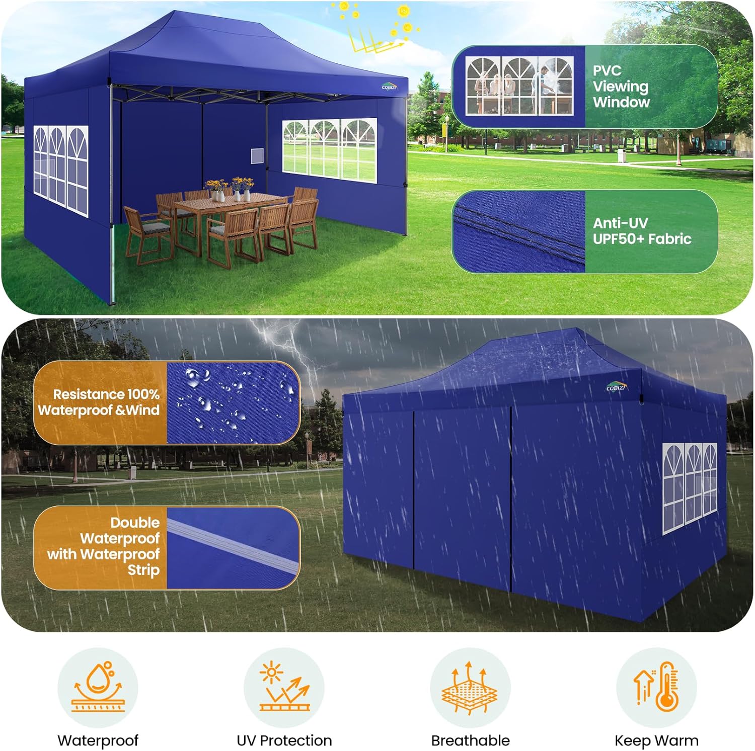 COBIZI 10x20 Heavy Duty Pop up Canopy Tent with 6 sidewalls Easy Up Commercial Outdoor Canopy Wedding Party Tents for Parties All Season Wind & Waterproof Gazebo with Roller Bag,Black(Frame Thickened)