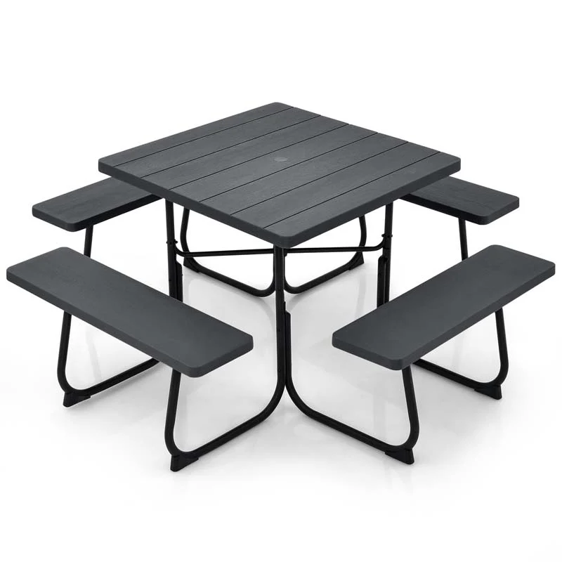 8 Person HDPE Outside Table & Bench Set, Outdoor Square Picnic Table with 4 Built-in Benches, Umbrella Hole, Metal Frame