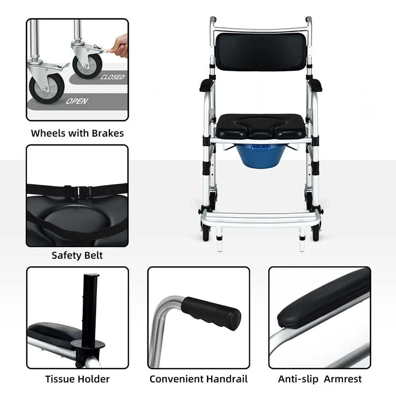 2-in-1 Foldable Shower Commode Wheelchair, Aluminum Alloy Transport Chair Toilet Bedside Wheelchair with Commode