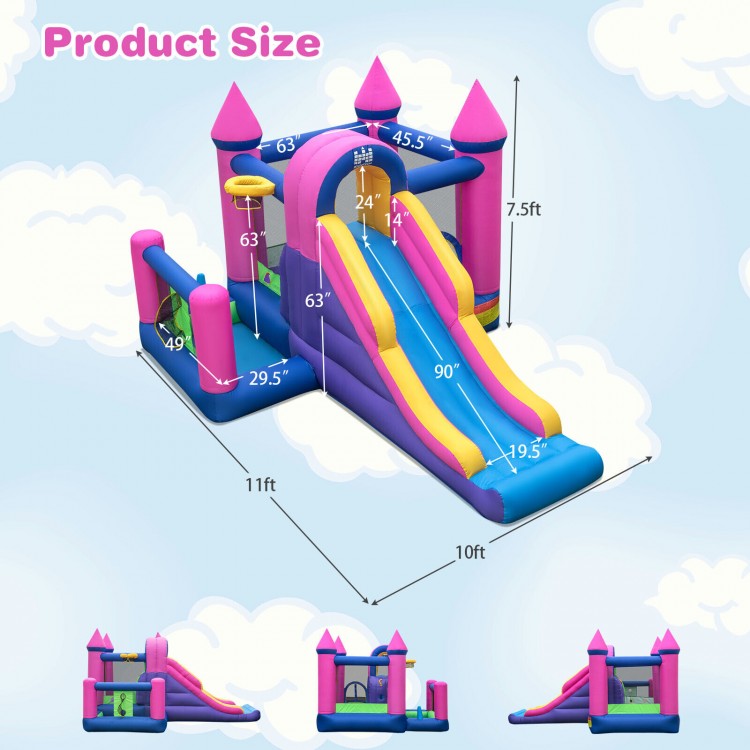 7-in-1 Kids Inflatable Bounce House with Long Slide and 735W Blower