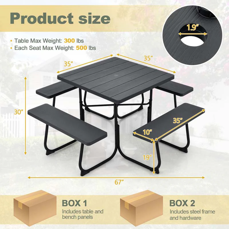 8 Person HDPE Outside Table & Bench Set, Outdoor Square Picnic Table with 4 Built-in Benches, Umbrella Hole, Metal Frame