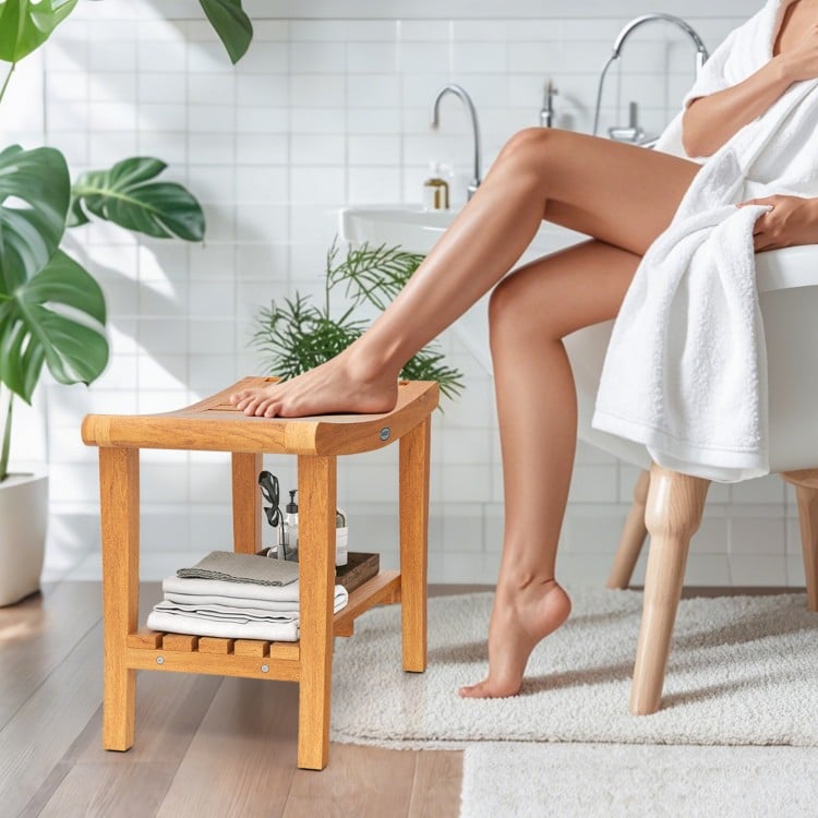 30 Inches Large Teak Shower Stool with Storage Shelf and Non-slip Footpads