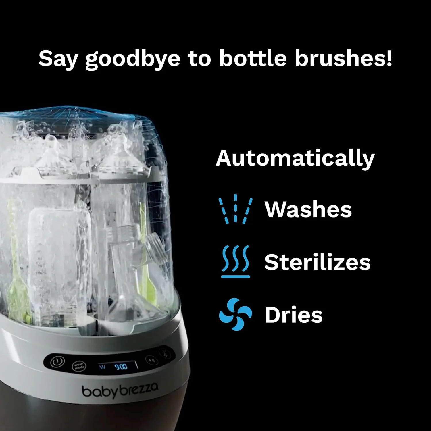 Baby Bottle Washer Pro - Baby Bottle Washer, Sterilizer + Dryer - All in One Machine Cleans Bottles, Pump Parts, & Sippy Cups - Replaces Hand Washing, Bottle Brushes and Drying Racks-Brezza