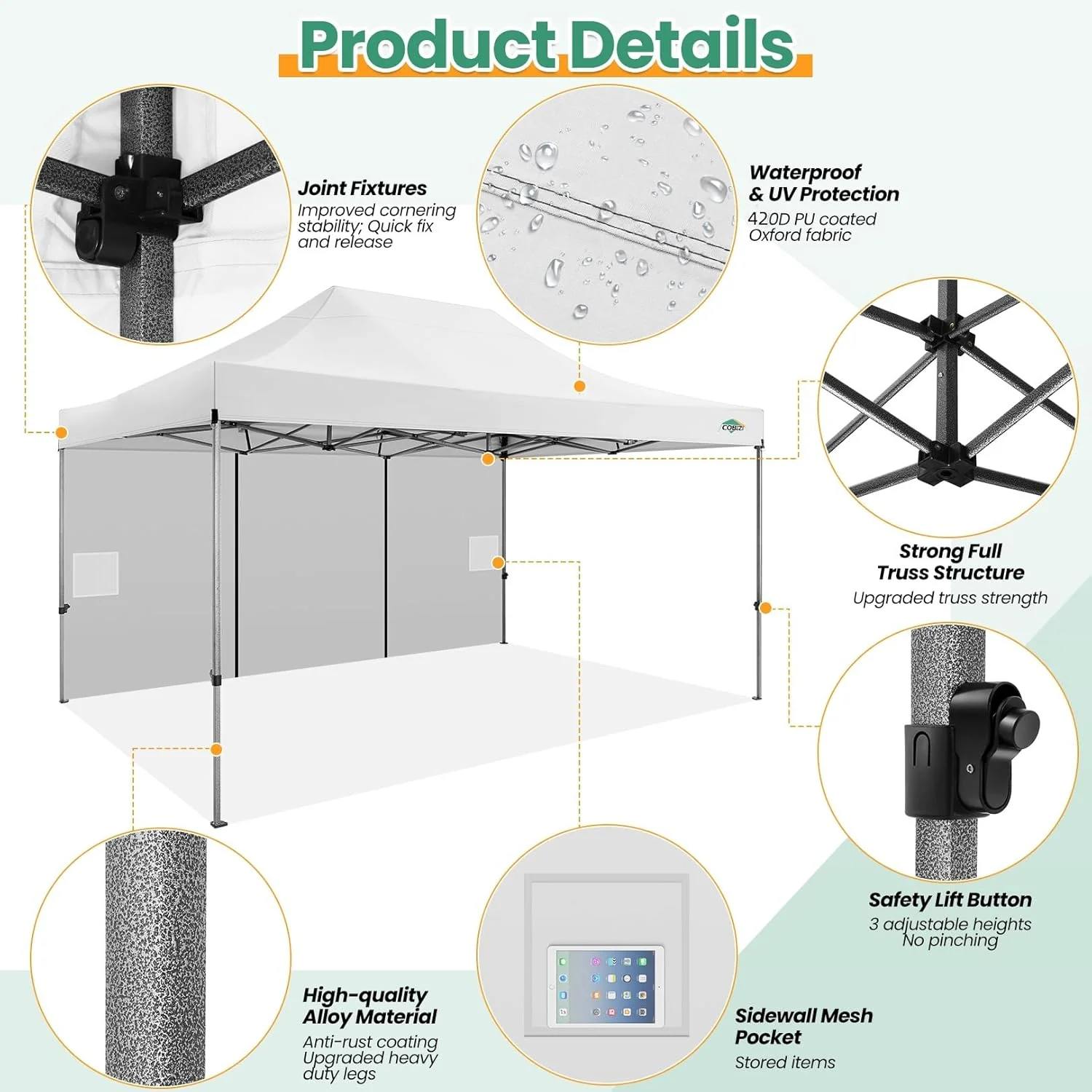 COBIZI 10x20 Heavy Duty Pop up Canopy Tent with 6 sidewalls Easy Up Commercial Outdoor Canopy Wedding Party Tents for Parties All Season Wind & Waterproof Gazebo with Roller Bag,Black(Frame Thickened)