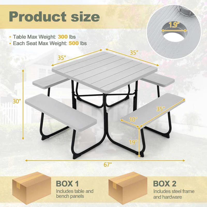 8 Person HDPE Outside Table & Bench Set, Outdoor Square Picnic Table with 4 Built-in Benches, Umbrella Hole, Metal Frame