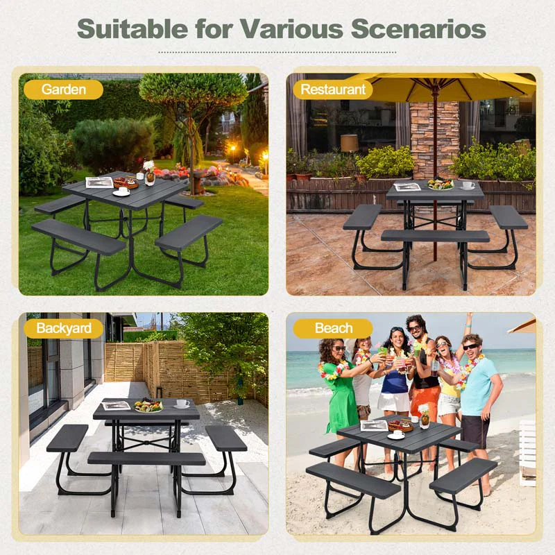 8 Person HDPE Outside Table & Bench Set, Outdoor Square Picnic Table with 4 Built-in Benches, Umbrella Hole, Metal Frame