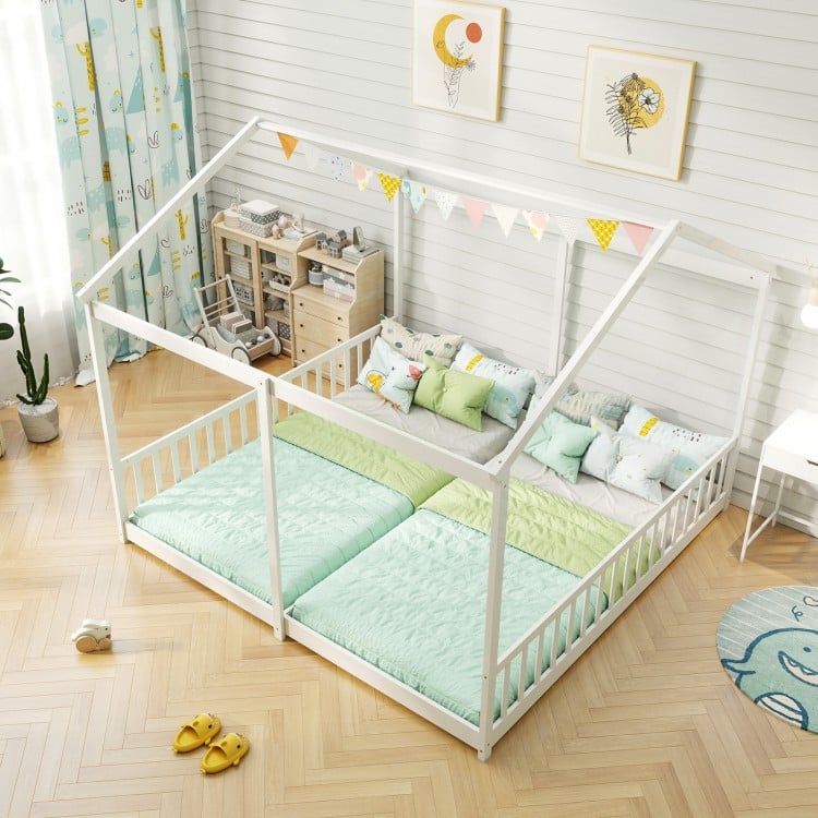 Double Floor Bed for Twins House Beds with Safety Guardrails for 2 Kids