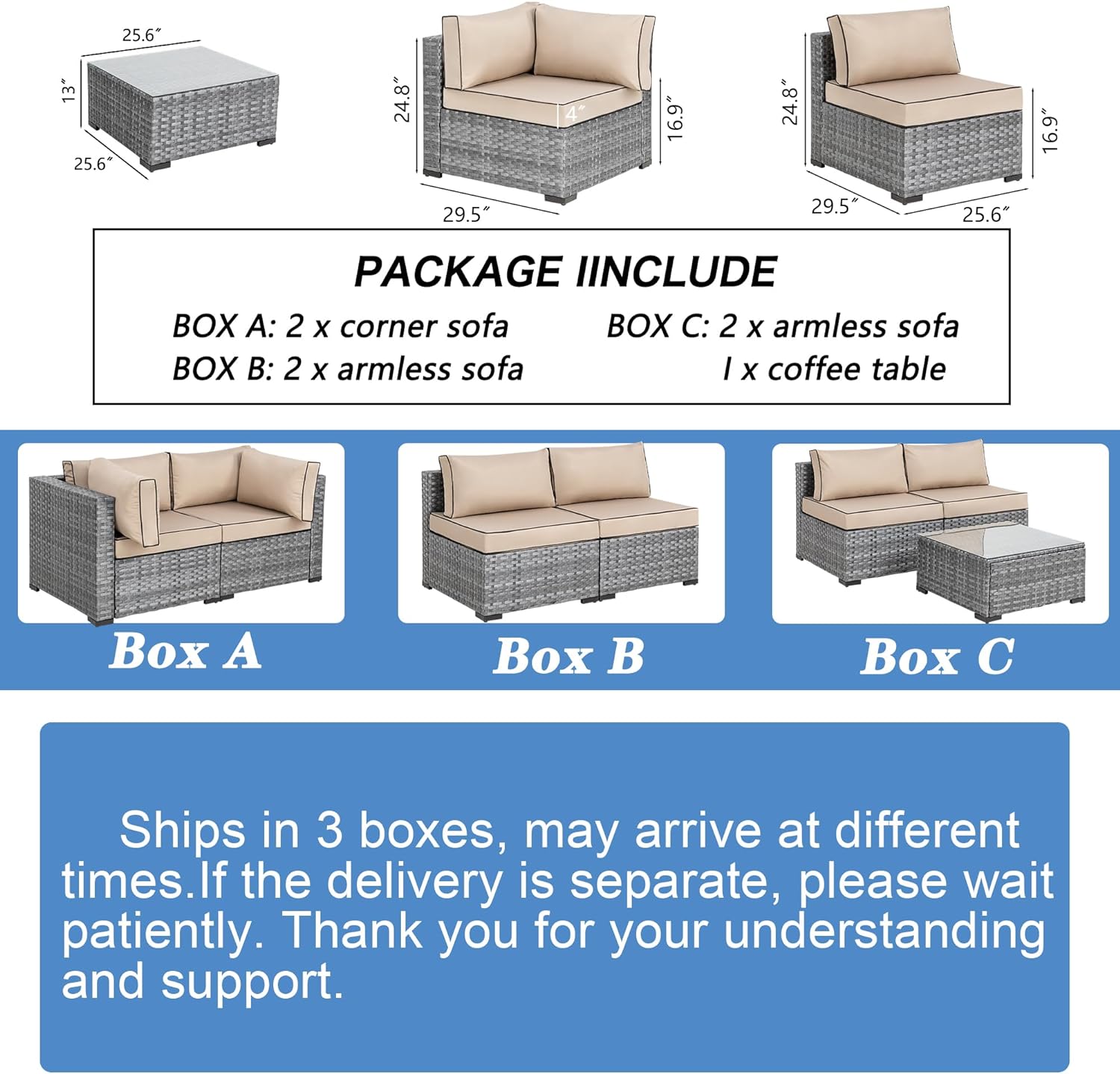 Shintenchi 5 Pieces Outdoor Patio Sectional Sofa Couch, Silver Gray PE Wicker Furniture Conversation Sets with Washable Cushions & Glass Coffee Table for Garden, Poolside, Backyard (Aegean Blue)