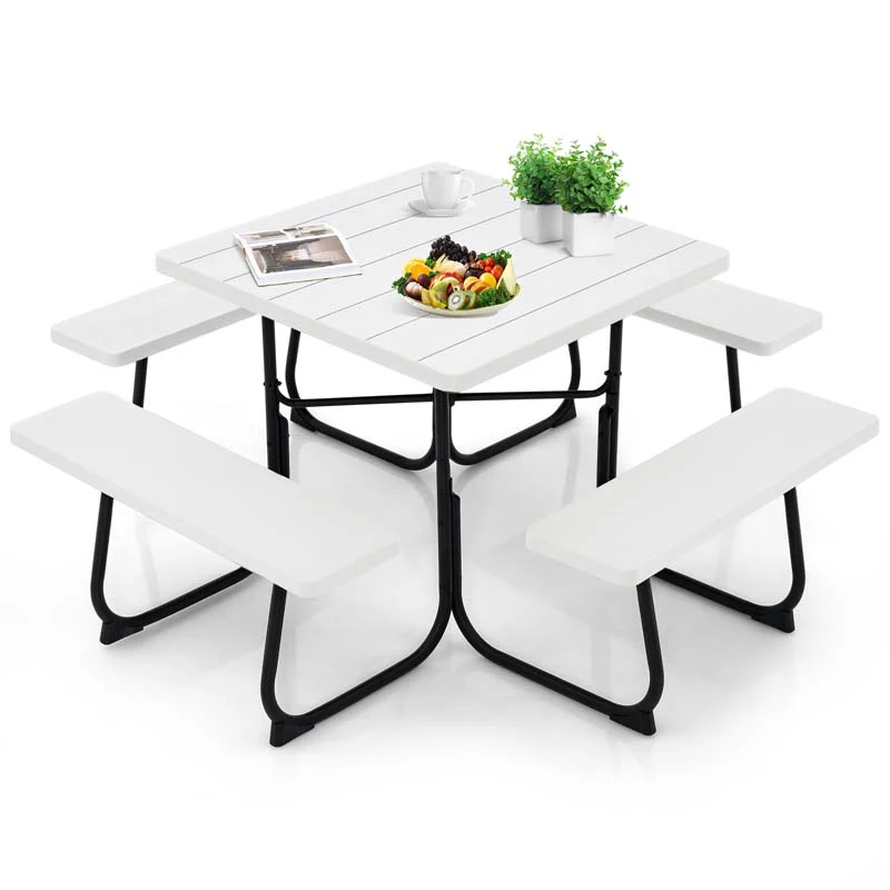 8 Person HDPE Outside Table & Bench Set, Outdoor Square Picnic Table with 4 Built-in Benches, Umbrella Hole, Metal Frame