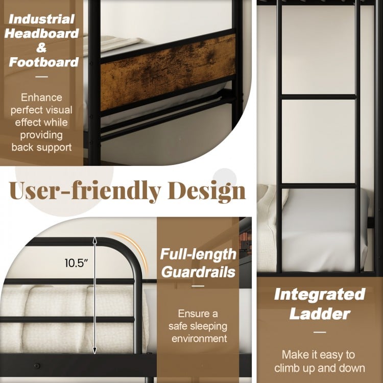 Twin Over Twin Bunk Bed with Trundle with Ladder and Full-length Guardrails
