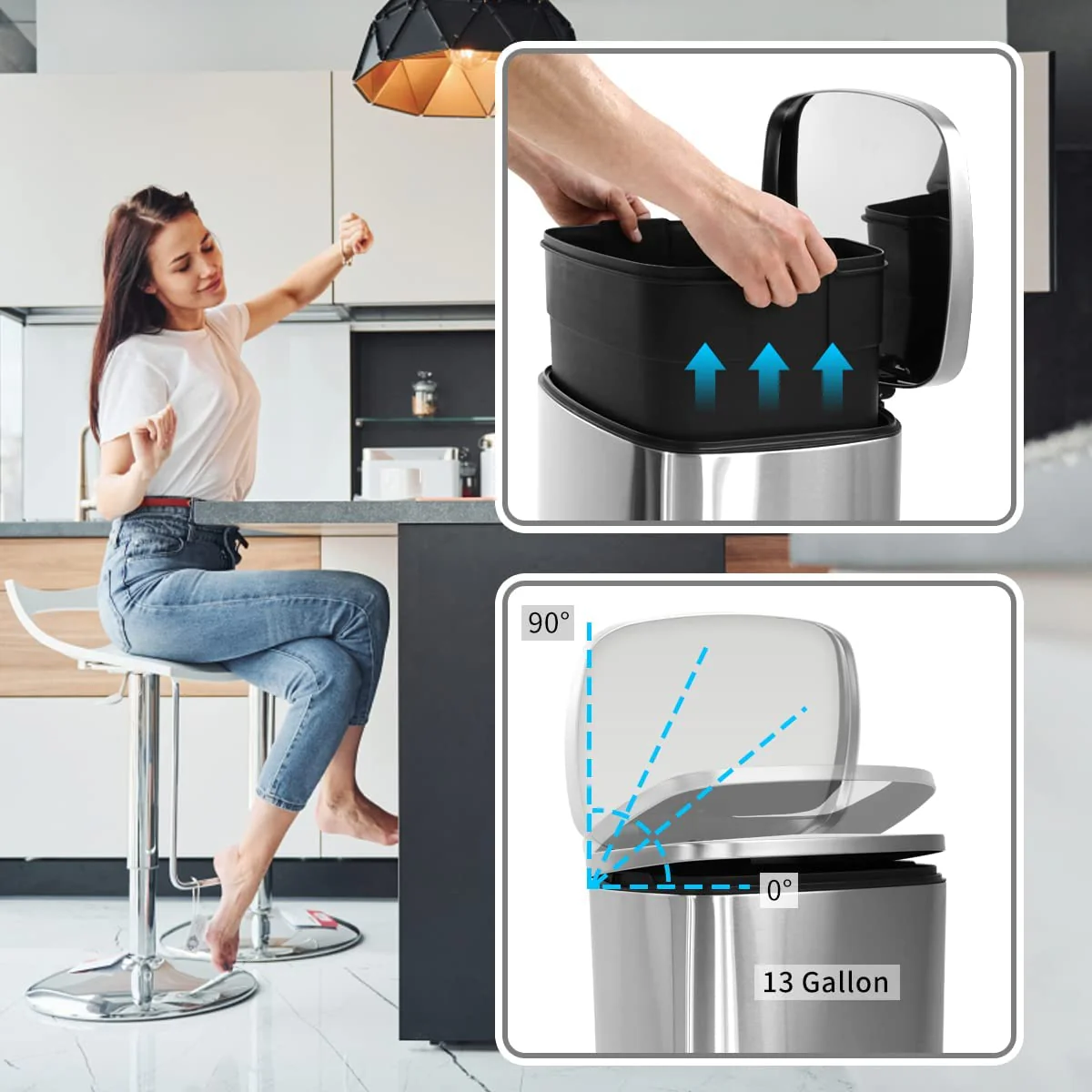 Bigacc 13 Gallon 50 Liter Kitchen Trash Can with Touch-Free & Motion Sensor, Automatic Stainless-Steel Garbage Can, Anti-Fingerprint Mute Designed Trash Bin Brushed Stainless Steel