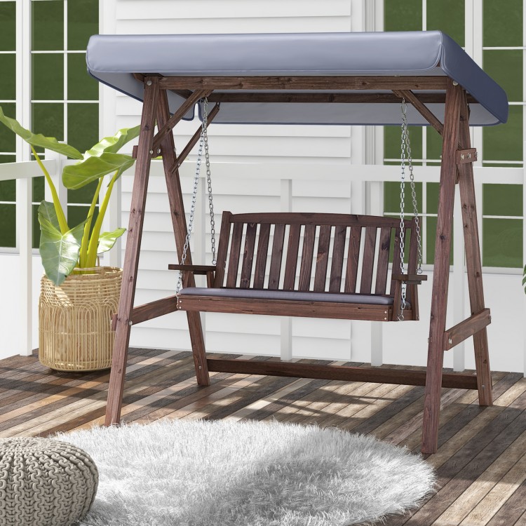 2-Person Porch Swing with Fir Wood Stand and Tilt Canopy