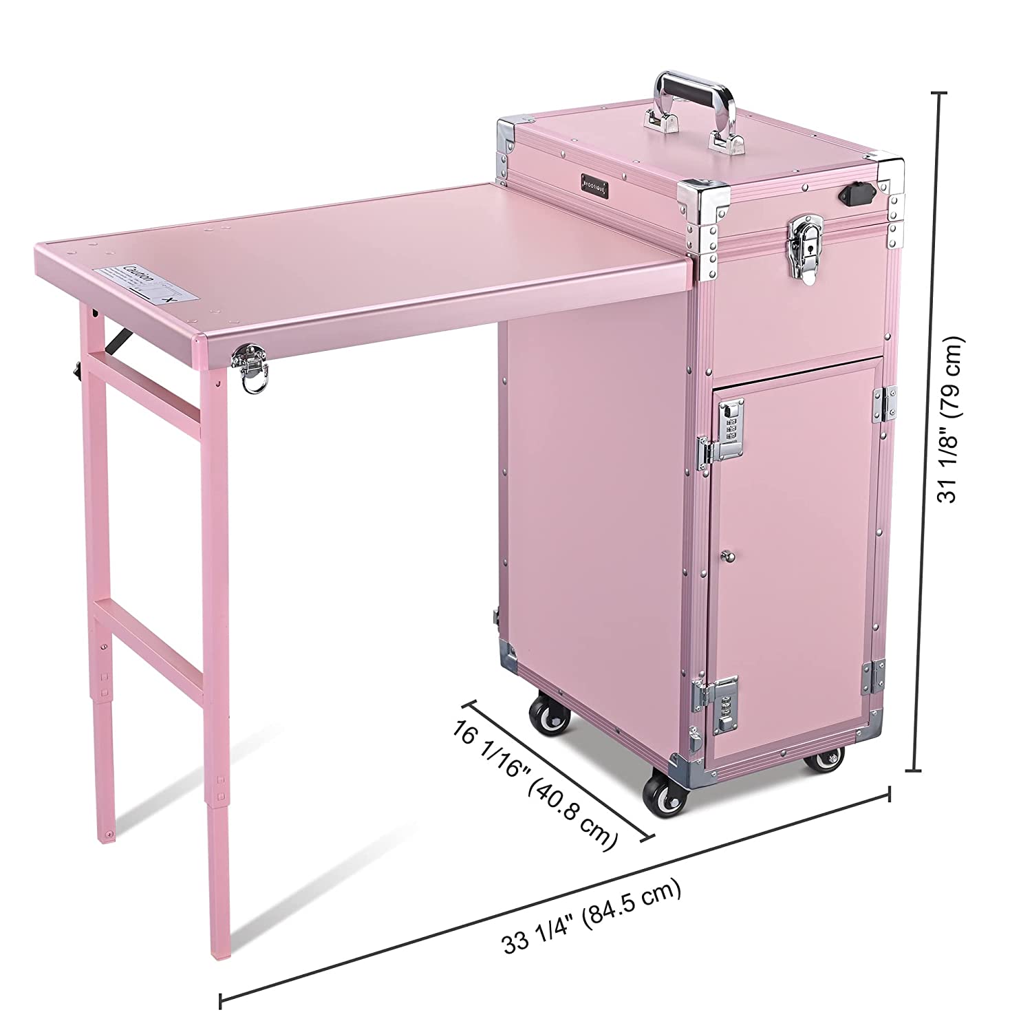 BYOOTIQUE Nail Desk Mobile Station Rolling Makeup Train Case Trolley Cosmetic Manicure Table Mirror 4 Drawers Pink