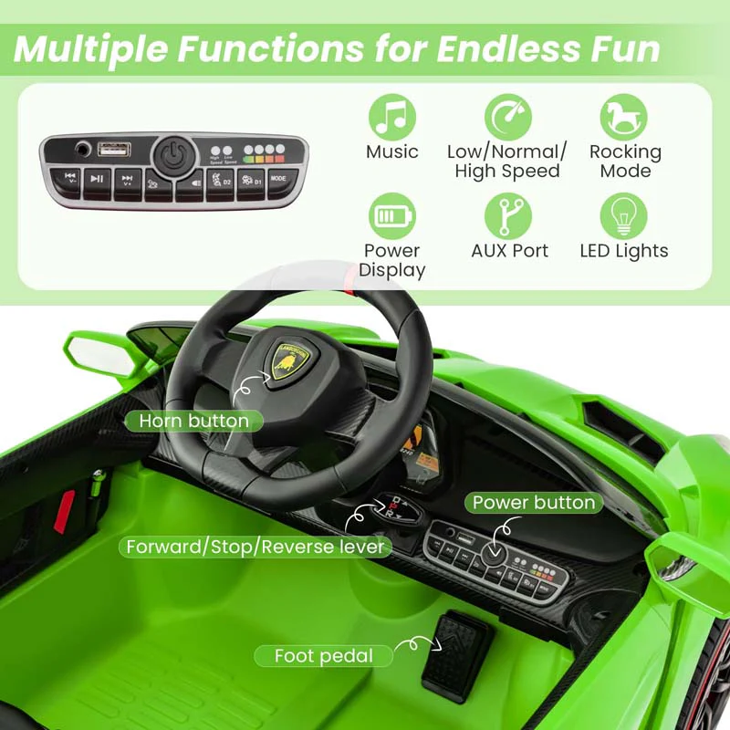 Lamborghini Licensed Kids Ride On 4WD Sports Car, 12V Battery Electric Vehicle Toy with Remote Control, 3 Speeds, Hydraulic Doors