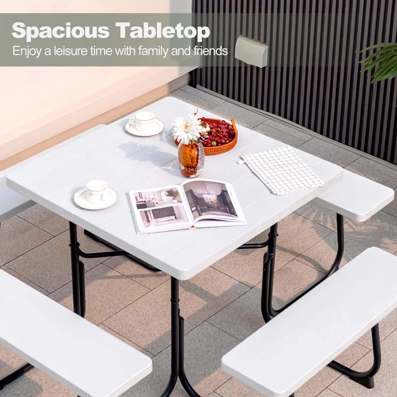 8 Person HDPE Outside Table & Bench Set, Outdoor Square Picnic Table with 4 Built-in Benches, Umbrella Hole, Metal Frame