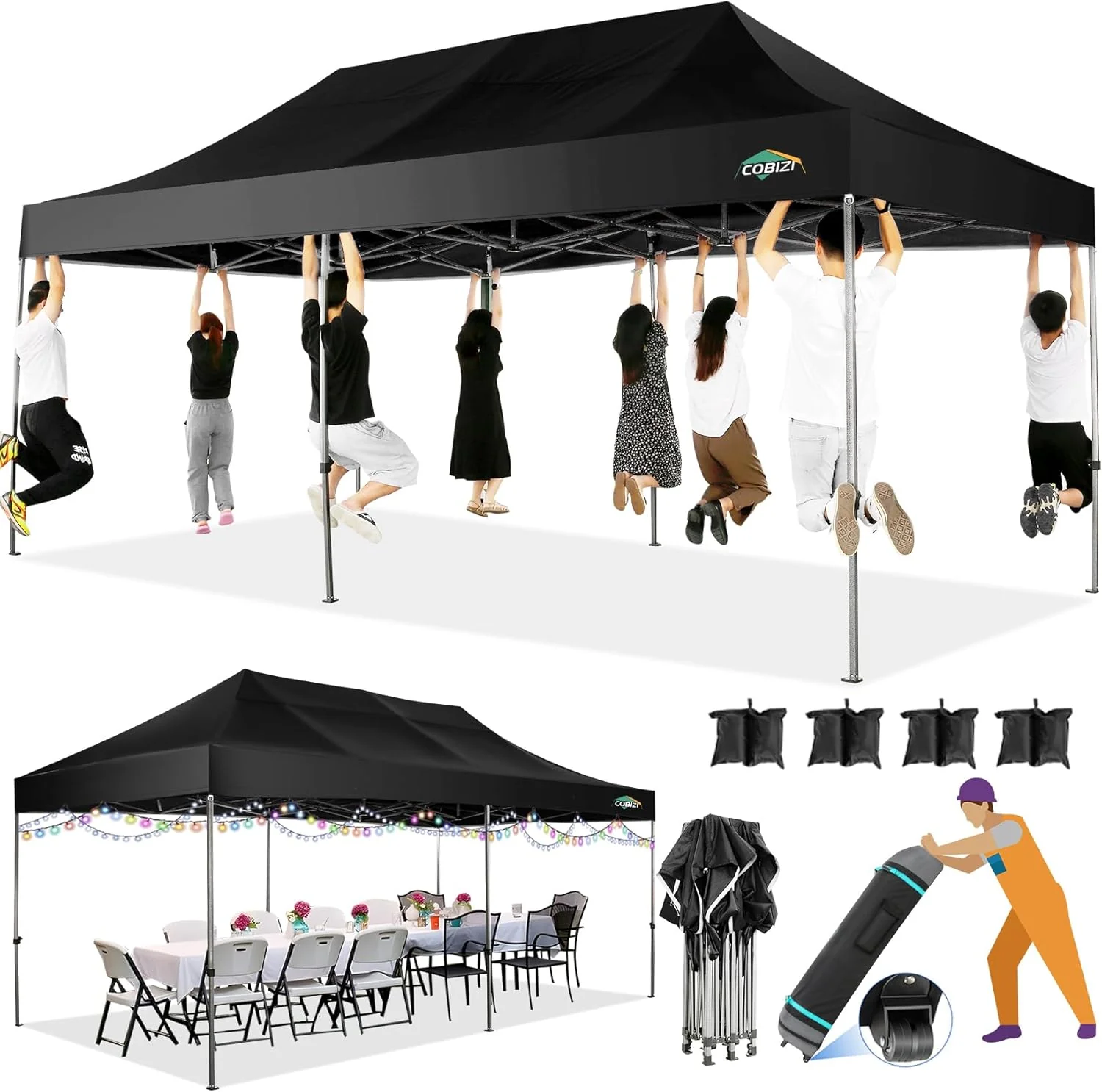 COBIZI 10x20 Heavy Duty Pop up Canopy Tent with 6 sidewalls Easy Up Commercial Outdoor Canopy Wedding Party Tents for Parties All Season Wind & Waterproof Gazebo with Roller Bag,Black(Frame Thickened)