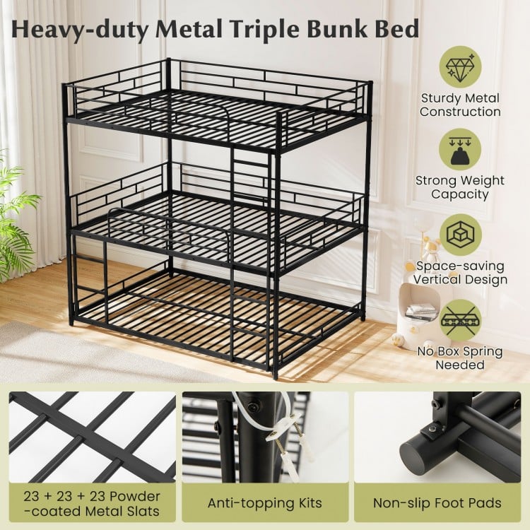 Metal Triple Bunk Bed with Safety Guardrails and 2 Ladders