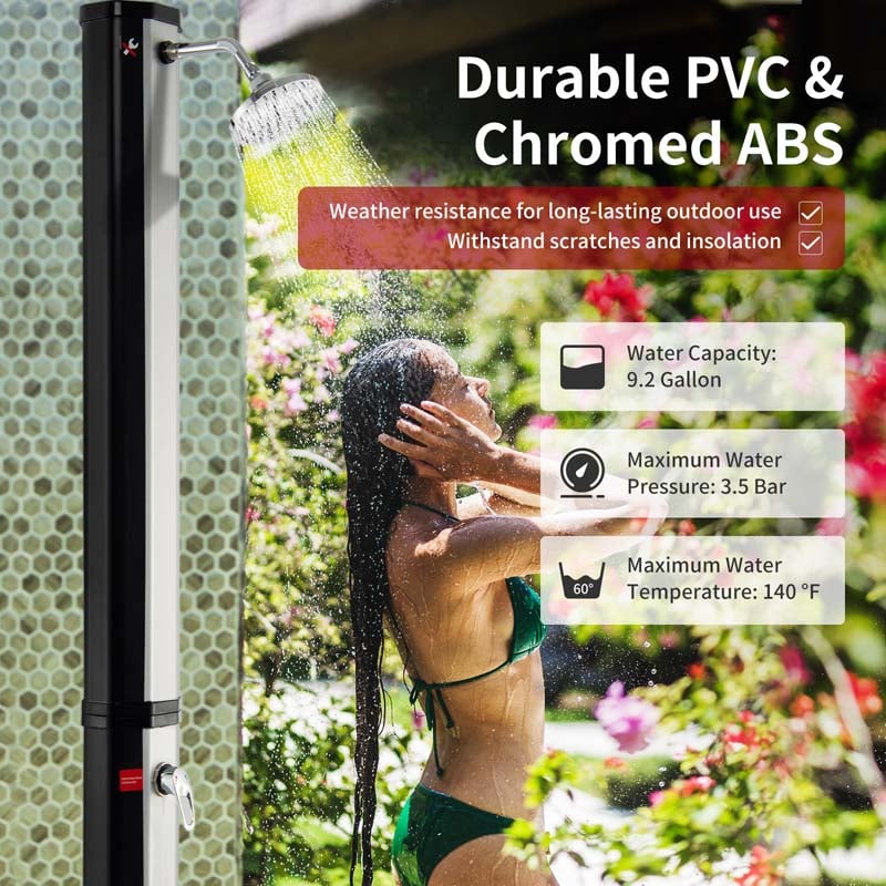 7.2 FT 9.3 Gallon Solar-Heated Outdoor Shower, 2-Section Freestanding Shower for Poolside Garden Yard Beach