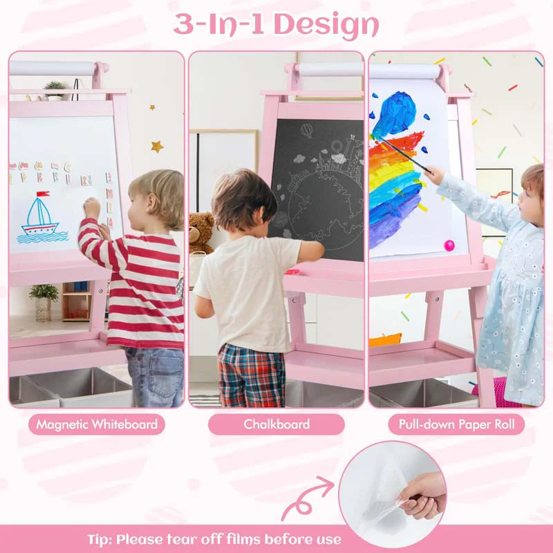 3-in-1 Double-Sided Kids Art Easel, Wooden Storage Toddler Easel with Magnetic White Board & Chalkboard, Paper Roll, Painting Dry Erase