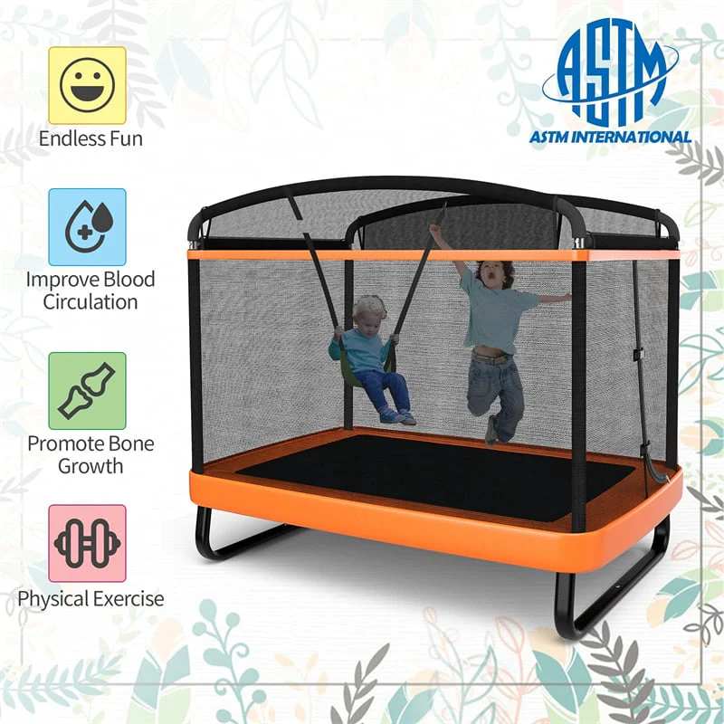 6FT Kids Trampoline with Swing, Safety Enclosure, ASTM Approved Rectangle Recreational Trampoline for 3-8 Years Indoor/Outdoor, Max Load 220lbs