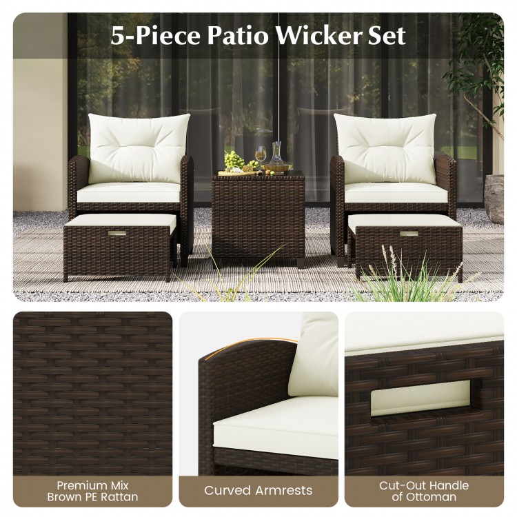 5 Pieces Patio Rattan Furniture with 2 Ottomans and Tempered Glass Coffee Table