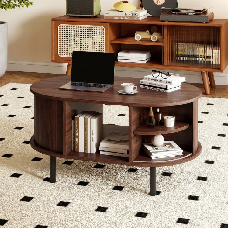 Oval Coffee Table with Open Compartment and Sector Shelves