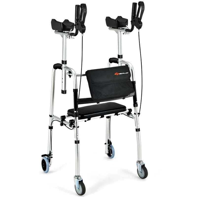 2 in 1 Folding Upright Walker Height Adjustable Rollator Walker with Seat & Wheels, Mobility Walking Aid for Seniors