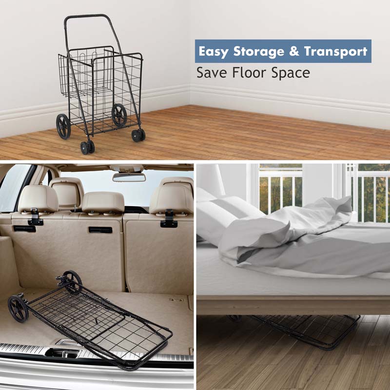 Jumbo Folding Shopping Cart Large Rolling Grocery Utility Cart with Double Basket & 360° Swivel Wheels