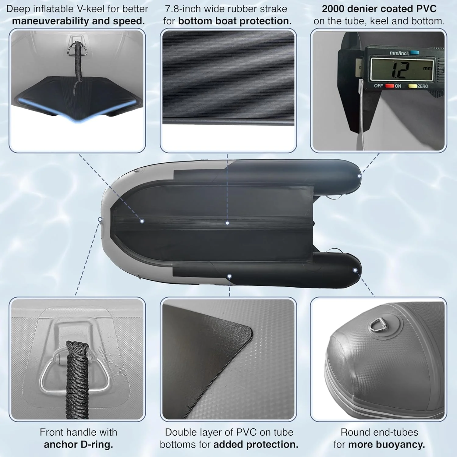 Inflatable Boat | Yacht Dinghy Tender Raft | Multi Person Fishing Boat | Aluminum Floor Oars | Fishing Rod Holders | Heavy-Duty PVC | 2024 Model |