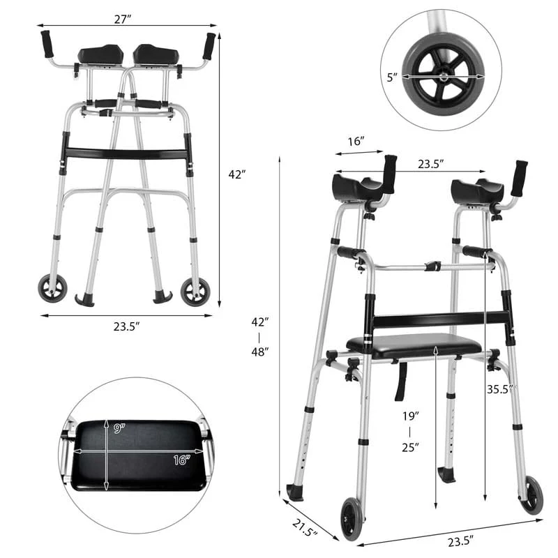 Folding Standard Rollator Walker with Seat & Armrest Pad, Lightweight Standing & Walking Mobility Aid