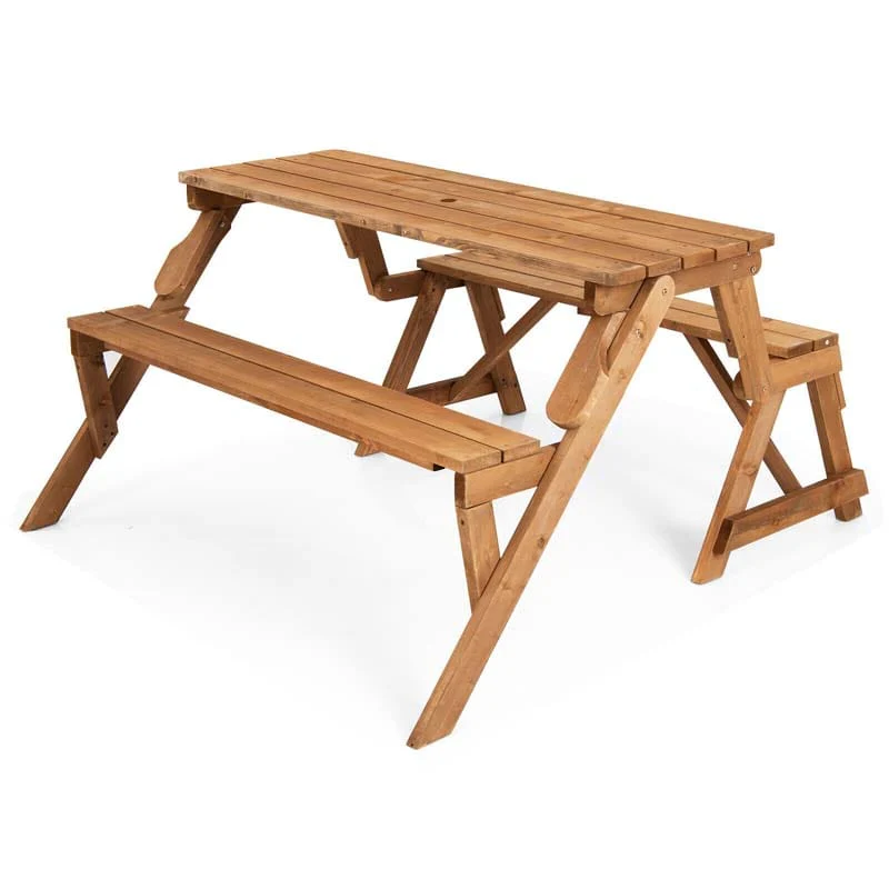 2-in-1 Convertible Wooden Picnic Table Garden Bench, Outdoor Folding Picnic Bench Set with Umbrella Hole