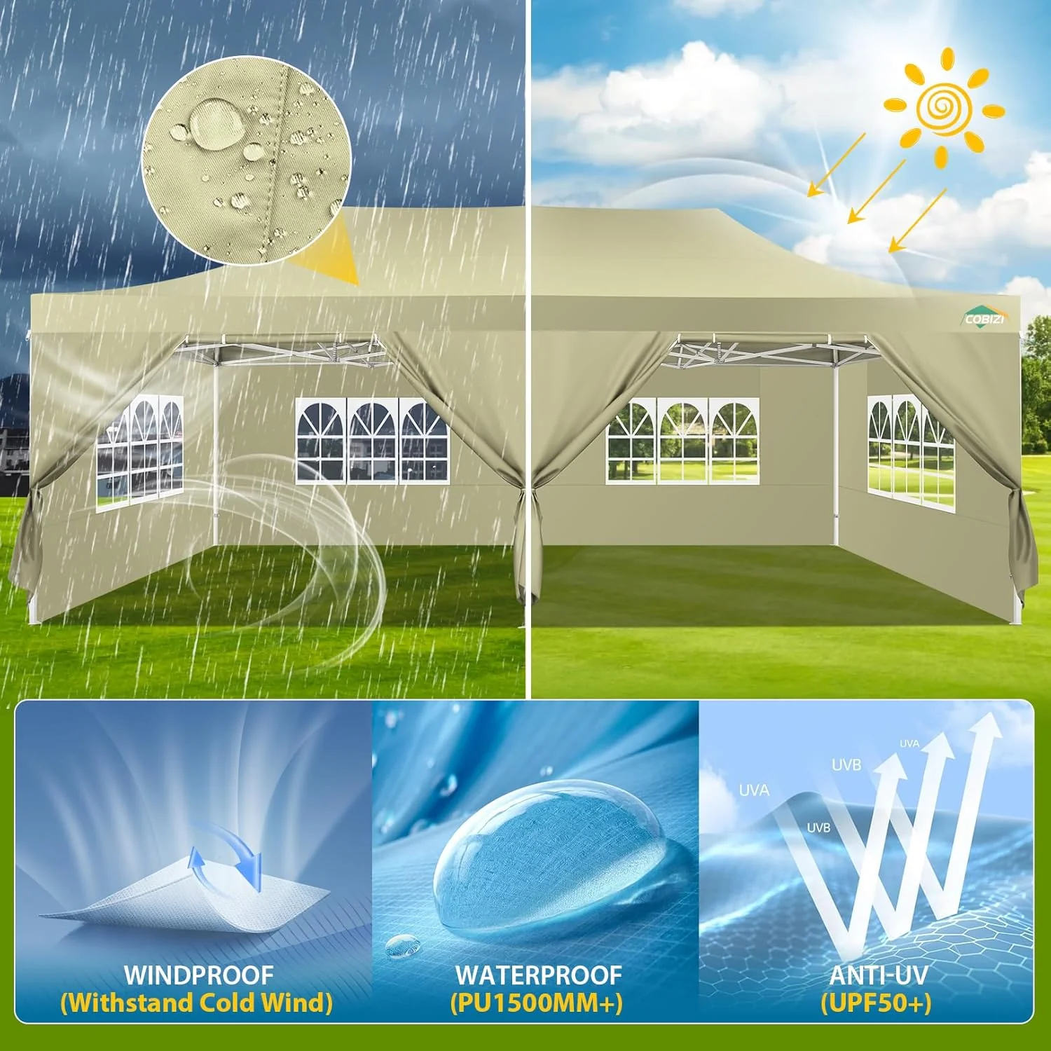 COBIZI 10x20 Heavy Duty Pop up Canopy Tent with 6 sidewalls Easy Up Commercial Outdoor Canopy Wedding Party Tents for Parties All Season Wind & Waterproof Gazebo with Roller Bag,Black(Frame Thickened)