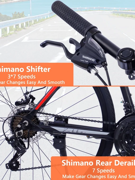 28 inch Hybrid Bike Men, Road Bike with Shimano 21 Speed, 700C Wheels, Comfort Adult Bicycle with Dual Disc Brake, 21” Lightweight Aluminium Frame, Suggested Rider 5’6′′ to 6’2′′ Tall- Silver+Orange