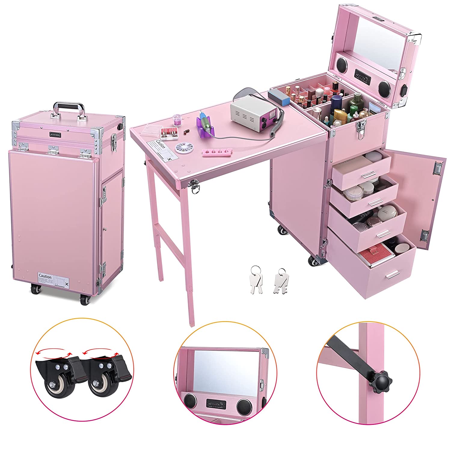 Byootique Portable Nail Desk & Makeup Station with Mirror, 4 Drawers, Bluetooth, USB, Pink
