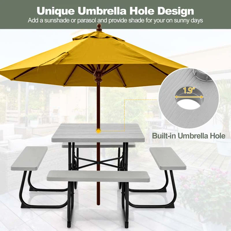 8 Person HDPE Outside Table & Bench Set, Outdoor Square Picnic Table with 4 Built-in Benches, Umbrella Hole, Metal Frame