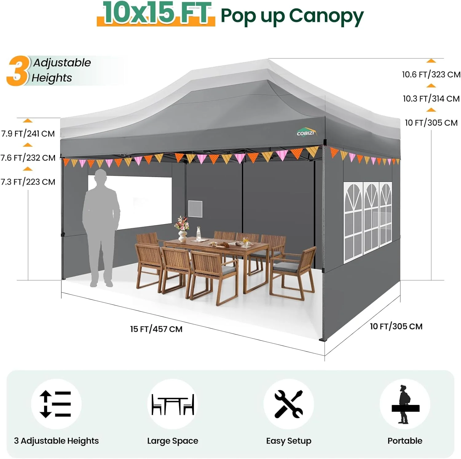COBIZI 10x20 Heavy Duty Pop up Canopy Tent with 6 sidewalls Easy Up Commercial Outdoor Canopy Wedding Party Tents for Parties All Season Wind & Waterproof Gazebo with Roller Bag,Black(Frame Thickened)
