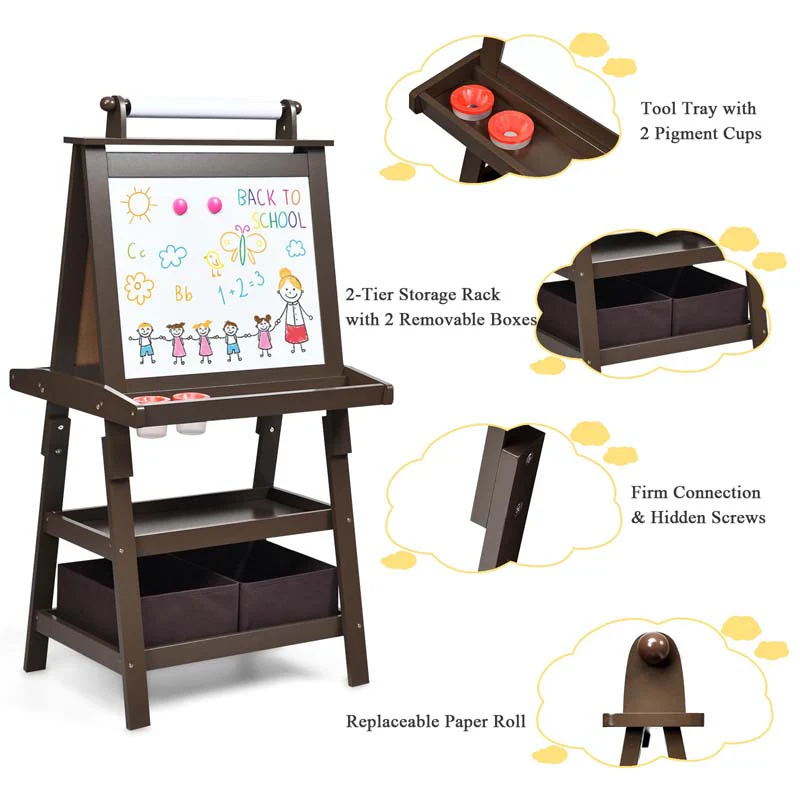 3-in-1 Double-Sided Kids Art Easel, Wooden Storage Toddler Easel with Magnetic White Board & Chalkboard, Paper Roll, Painting Dry Erase