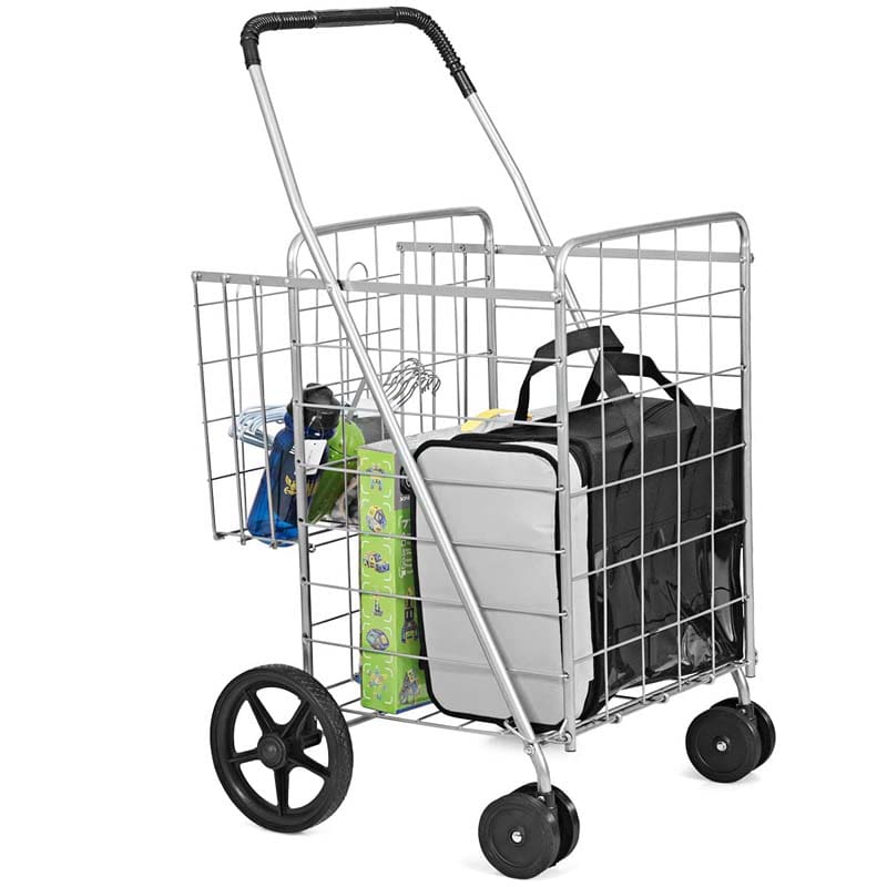 Jumbo Folding Shopping Cart Large Rolling Grocery Utility Cart with Double Basket & 360° Swivel Wheels