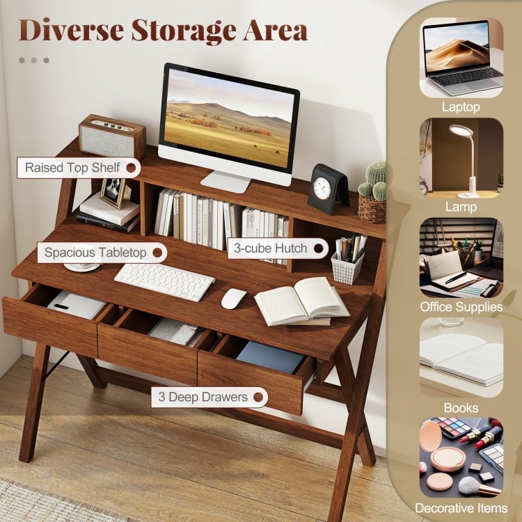 Mid Century Home Office Desk with 3 Storage Drawers and Monitor Stand