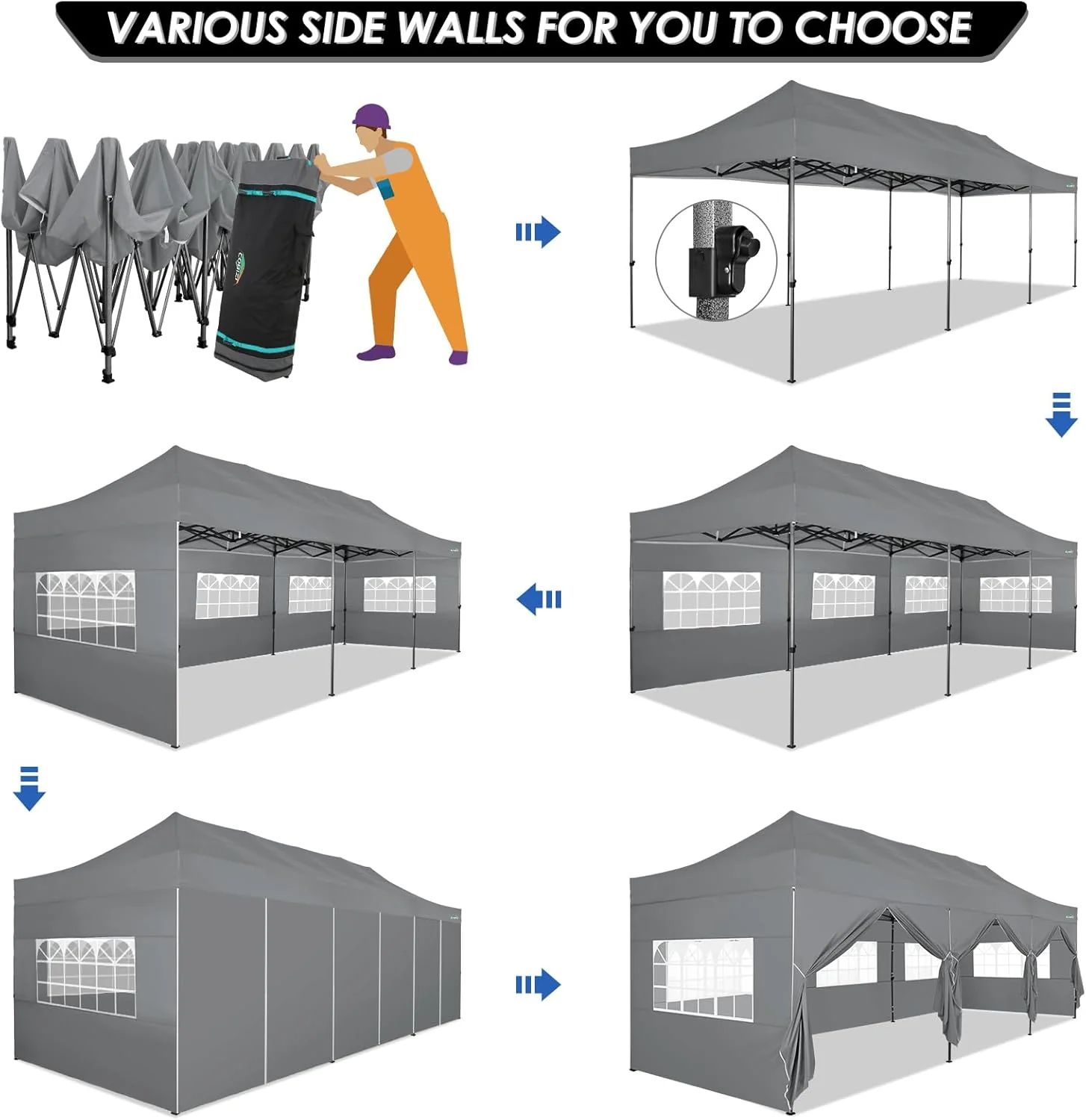 COBIZI 10x20 Heavy Duty Pop up Canopy Tent with 6 sidewalls Easy Up Commercial Outdoor Canopy Wedding Party Tents for Parties All Season Wind & Waterproof Gazebo with Roller Bag,Black(Frame Thickened)